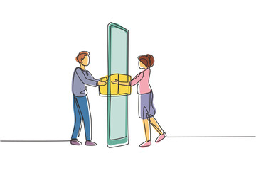 Poster - Single continuous line drawing courier delivers box package, through smartphone screen to female customer. Online delivery service concept. Dynamic one line draw graphic design vector illustration