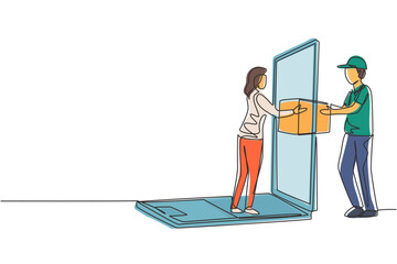 Poster - Single continuous line drawing male courier delivers box package, through laptop screen to female customer. Online delivery service concept. Dynamic one line draw graphic design vector illustration