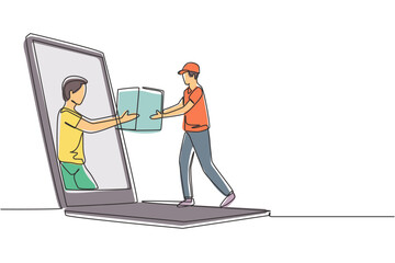 Poster - Continuous one line drawing male customer receives boxed package, through laptop screen from male courier. E-shop. Online delivery service concept. Single line draw design vector graphic illustration