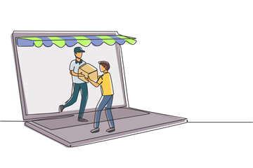 Wall Mural - Continuous one line drawing male courier comes out of canopy monitor screen and gives package box to male customer. Fast respond delivery concept. Single line draw design vector graphic illustration