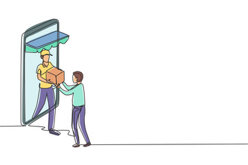 Poster - Continuous one line drawing male courier comes out of canopy giant smartphone screen and gives package box to male customer. Fast respond delivery. Single line draw design vector graphic illustration