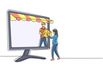 Poster - Single continuous line drawing male courier comes out of canopy monitor screen and gives package box to female customer. Fast respond delivery. Dynamic one line draw graphic design vector illustration