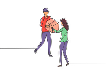Poster - Single one line drawing courier gives package box to female customer. Online shopping. Online delivery service. Fast delivery parcel concept. Continuous line draw design graphic vector illustration