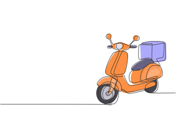 Poster - Single continuous line drawing scooter with box package. E-commerce, online shopping. Online delivery service. Fast delivery parcel concept. Dynamic one line draw graphic design vector illustration