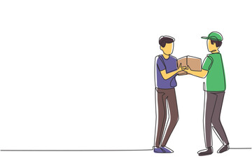 Poster - single continuous line drawing courier gives package box to male customer. online shopping. online d
