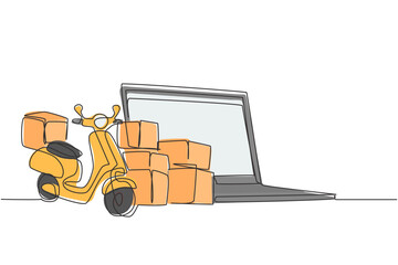 Poster - Single continuous line drawing giant laptop standing in front of courier scooter and pile of package boxes. Online delivery service concept. Dynamic one line draw graphic design vector illustration