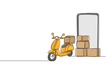 Poster - Continuous one line drawing giant smartphone standing in front of courier scooter and pile of package boxes. Online delivery service concept. Single line draw design vector graphic illustration