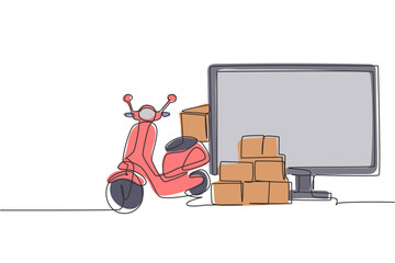 Wall Mural - Single one line drawing giant monitor standing in front of courier scooter and pile of package boxes. Online delivery service concept. Modern continuous line draw design graphic vector illustration