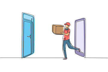 Poster - Single continuous line drawing male courier comes out of the smartphone screen while carrying package box to customer's door. Online delivery service. One line draw graphic design vector illustration