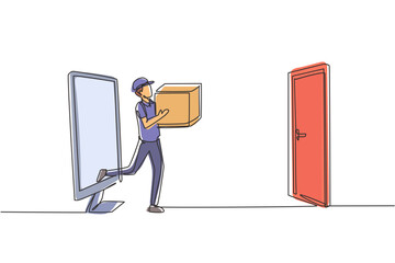 Poster - Single one line drawing courier comes out of the monitor screen while carrying package box to customer's door. Online delivery service. Modern continuous line draw design graphic vector illustration