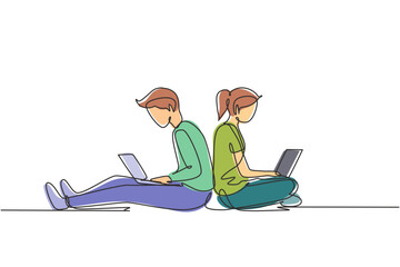Poster - continuous one line drawing couple with laptop sitting and lean on each other. freelance, distance l