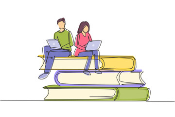 Poster - continuous one line drawing couple with laptop sitting on pile of books together. freelance, distanc