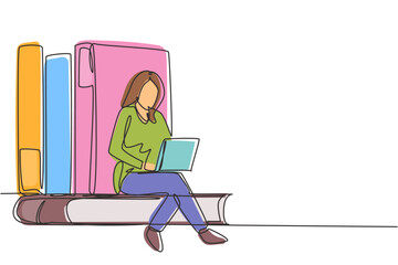 Poster - single continuous line drawing young woman studying with laptop and sit and lean on big books. back 