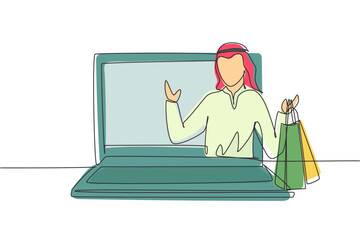 Poster - Continuous one line drawing young Arabian man coming out of laptop screen holding shopping bags. Sale, digital lifestyle and consumerism concept. Single line draw design vector graphic illustration