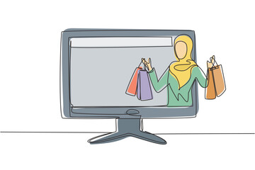 Poster - Single continuous line drawing young Arab woman coming out of monitor screen holding shopping bags. Digital lifestyle and consumerism concept. Dynamic one line draw graphic design vector illustration