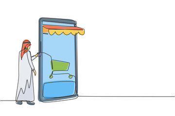 Poster - Single continuous line drawing young Arab man inserting credit card into canopy smartphone screen with shopping cart. Digital payment concept. Dynamic one line draw graphic design vector illustration