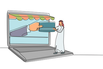 Poster - Single one line drawing young Arabian man inserting credit card into canopy laptop screen and accepted by hand. Digital payment concept. Modern continuous line draw design graphic vector illustration