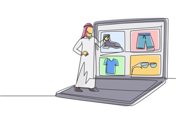 Poster - Continuous one line drawing young Arabian man choosing shopping items on a giant laptop screen. E-commerce, digital lifestyle with gadgets concept. Single line draw design vector graphic illustration