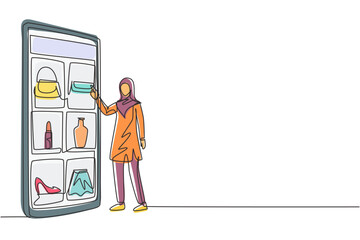 Poster - Single continuous line drawing young Arab woman choosing shopping items on a giant smartphone screen. Digital lifestyle with gadgets concept. Dynamic one line draw graphic design vector illustration