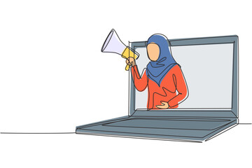 Poster - Single continuous line drawing young Arab woman coming out of laptop screen holding megaphone. Offering product with discounts or sale concept. Dynamic one line draw graphic design vector illustration