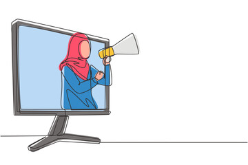 Poster - Single one line drawing young Arab woman coming out of monitor screen holding megaphone. Offering product with discounts or sale concept. Modern continuous line draw design graphic vector illustration