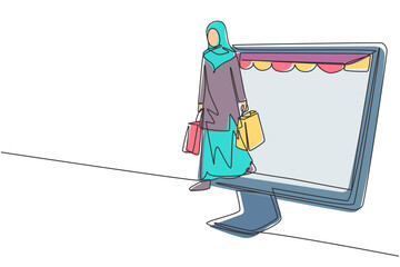Poster - Single continuous line drawing Arab woman coming out of canopy monitor screen holding shopping bags. Digital lifestyle and consumerism concept. Dynamic one line draw graphic design vector illustration