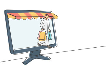 Poster - Single continuous line drawing Arab man coming out of canopy monitor screen holding shopping bags. Digital lifestyle and consumerism concept. Dynamic one line draw graphic design vector illustration