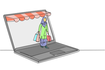 Poster - Continuous one line drawing young Arabian woman coming out of canopy laptop screen holding shopping bags. Digital lifestyle and consumerism concept. Single line draw design vector graphic illustration