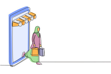 Poster - Single one line drawing Arabian woman coming out of canopy smartphone screen holding shopping bags. Digital lifestyle and consumerism concept. Continuous line draw design graphic vector illustration