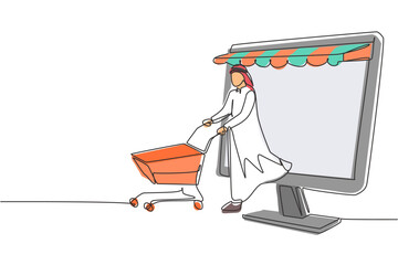 Poster - Single one line drawing Arabian man coming out of canopy monitor screen pushing a shopping cart. Digital lifestyle consumerism concept. Modern continuous line draw design graphic vector illustration