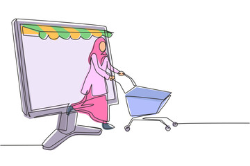 Poster - Single continuous line drawing Arab woman coming out of canopy monitor screen pushing a shopping cart. Digital lifestyle consumerism concept. Dynamic one line draw graphic design vector illustration