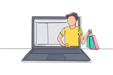 Poster - Single continuous line drawing young man coming out of laptop screen holding shopping bags. Sale, digital lifestyle and consumerism concept. Dynamic one line draw graphic design vector illustration