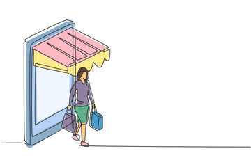 Poster - Continuous one line drawing young woman coming out of canopy smartphone screen holding shopping bags. Sale, digital lifestyle, consumerism concept. Single line draw design vector graphic illustration