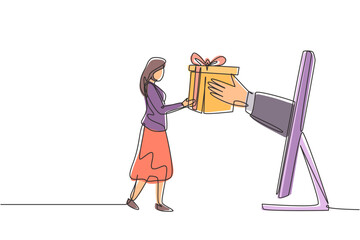 Poster - Single one line drawing young woman receives package box from large monitor screen and hands it over. E-shop, digital delivery concept. Modern continuous line draw design graphic vector illustration