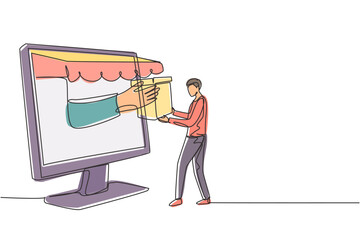 Poster - Single continuous line drawing young man receives package box from large canopy monitor screen and hands it over. Digital delivery concept. Dynamic one line draw graphic design vector illustration