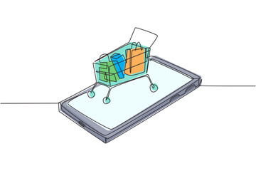 Poster - Single one line drawing shopping cart containing goods on smartphone screen. Sale, digital lifestyle with internet and gadgets concept. Modern continuous line draw design graphic vector illustration