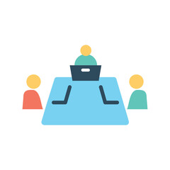 Poster - working session icon. men sitting at table, presentation. teamwork and partnership, powerful assault