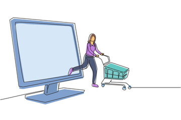 Poster - Continuous one line drawing young woman coming out of monitor screen pushing a shopping cart. Sale, digital lifestyle, consumerism people concept. Single line draw design vector graphic illustration