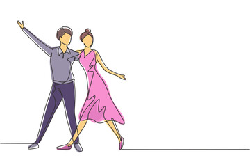Poster - Continuous one line drawing male female professional dancer couple dancing tango, waltz dances together on dancing contest dancefloor. Fun activity. Single line draw design vector graphic illustration