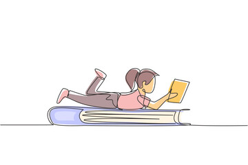 Poster - continuous one line drawing little girl reading, learning and laying down on big book. study in libr