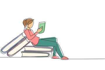 Wall Mural - Single continuous line drawing young female reading, learning and sitting on big books. Study in library. Literature fans, student, education concept. One line draw graphic design vector illustration
