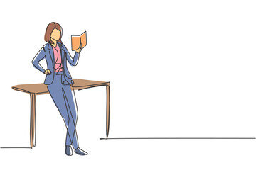 Poster - Single one line drawing young woman reading, learning and standing around table. Study in library. Intelligent student, education concept, fair. Continuous line draw design graphic vector illustration