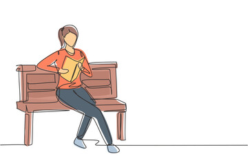 Poster - single one line drawing young female reading, learning and sitting on park chair. literature lovers.