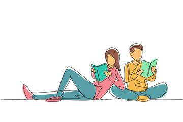 Poster - Continuous one line drawing students woman and man reading together, learning and sitting at park. Literature fans or lovers, education concept. Single line draw design vector graphic illustration
