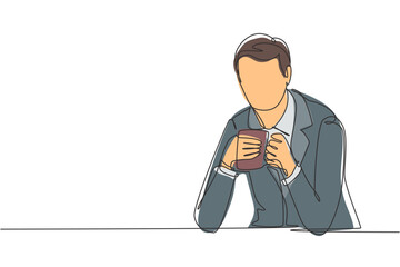 Poster - Continuous one line drawing young man sitting and holding cup of coffee with both hands. Enjoy the afternoon break at the office. Success lifestyle. Single line draw design vector graphic illustration