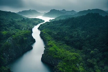 river in the middle of a lush green jungle or forest, generative ai