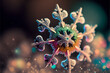 Colorful Snowflake Macro shot, extreme close up of a snowflake that is colorful with rainbow colors and bokeh Generative AI