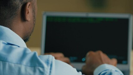 Businessman IT programmer hacker man developing software digital java app typing code on computer web screen coding data internet security system cyberspace binary electronic crypto business online
