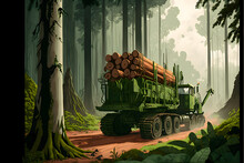 Illustration Of A Logging Truck In A Forest, Digital Art
