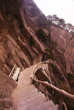 Stairway And Bench, Mount Huangshan, Yellow Mountains, Anhui Province, China